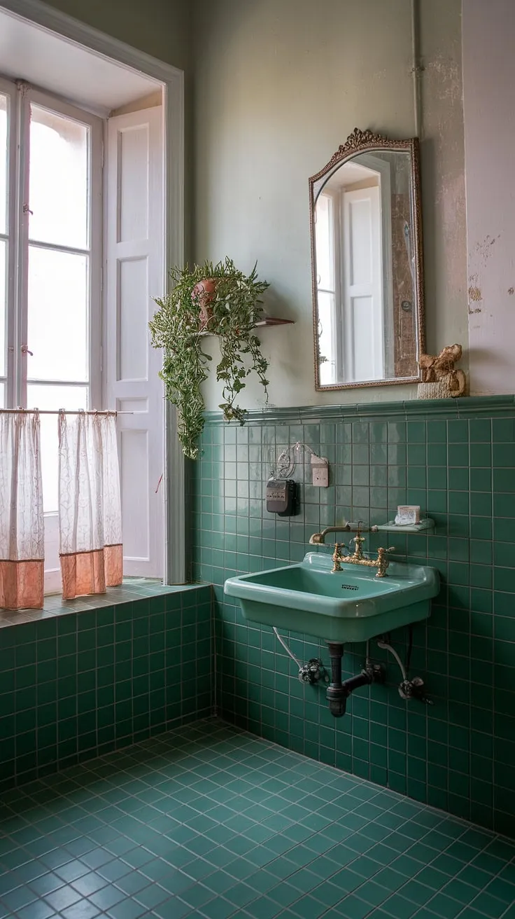 With its vintage sink, decorative mirror, and lush potted plant, this green tile bathroom beautifully showcases eclectic interior design and serves as a perfect source of bathroom inspiration.