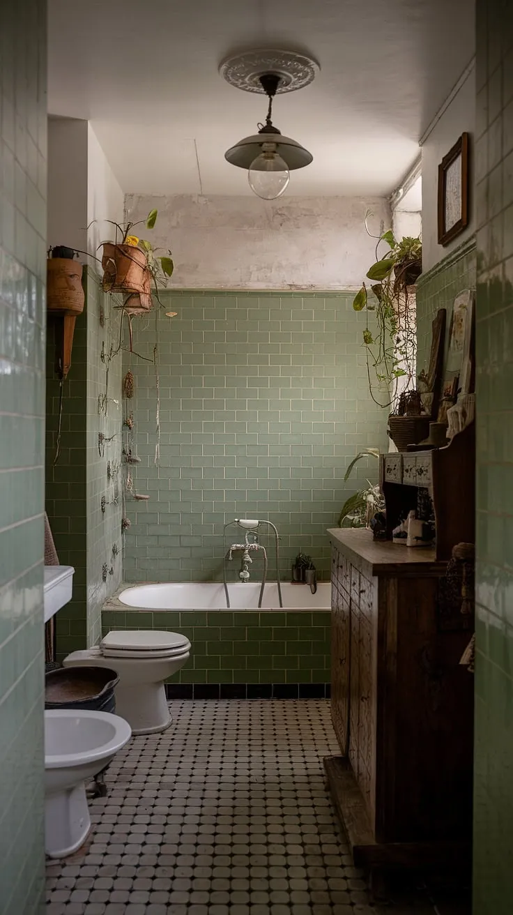 This eclectic vintage bathroom features stunning green tile walls, a classic white bathtub, and charming decor elements that inspire beautiful bathroom design.