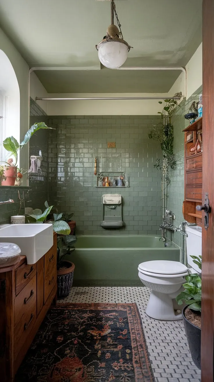 With its stunning green tile accents, vintage fixtures, and a mix of textures, this eclectic bathroom serves as a perfect inspiration for anyone seeking beautiful bathroom decor.
