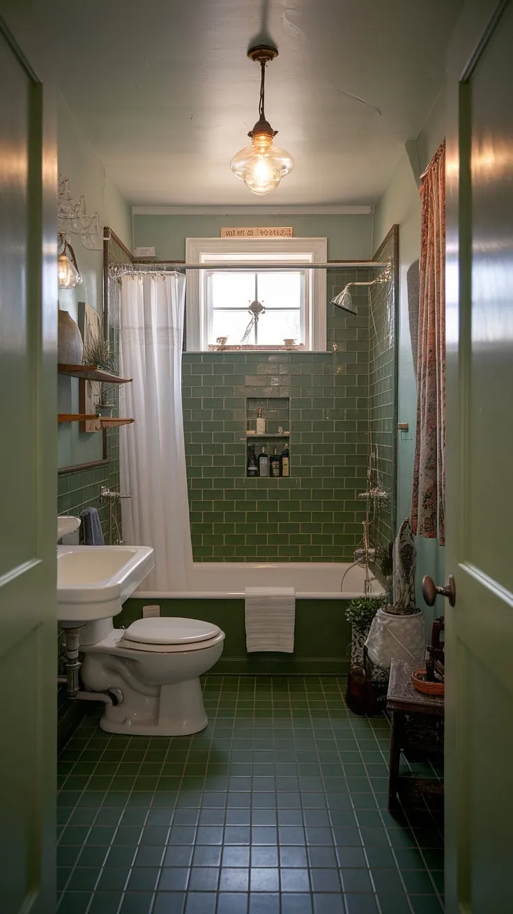 This beautiful bathroom showcases an eclectic interior design with vintage elements, featuring a cozy green tile bathroom that inspires unique bathroom decor.