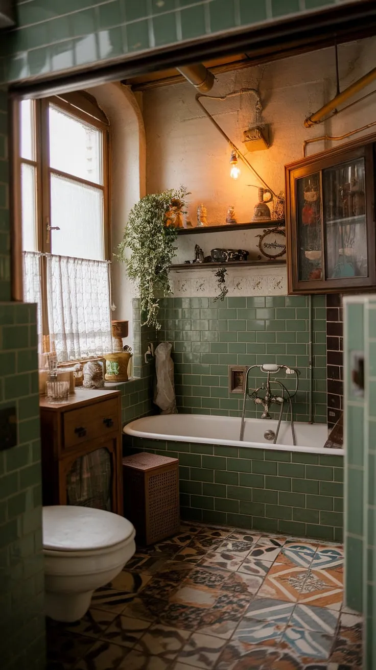 This beautiful bathroom showcases eclectic interior design with vintage elements, featuring a green tile wall, a rustic bathtub, and charming decor that inspires unique bathroom design.