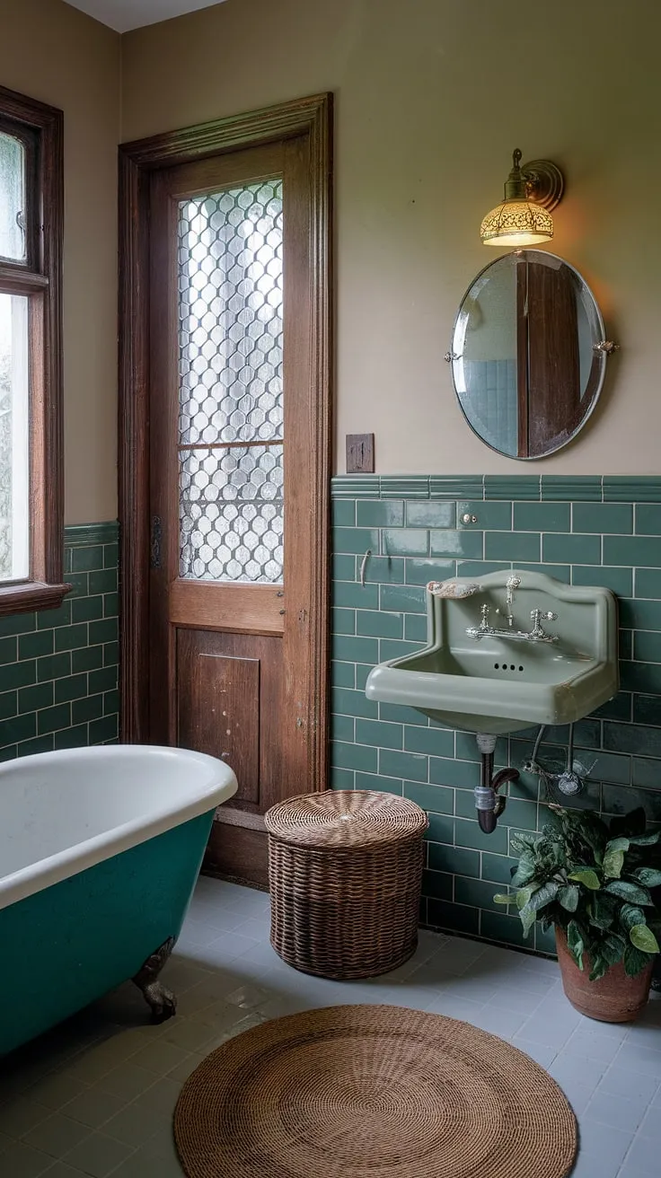 With its charming green tile accents and vintage fixtures, this eclectic bathroom design showcases a perfect blend of style and inspiration for beautiful bathrooms.