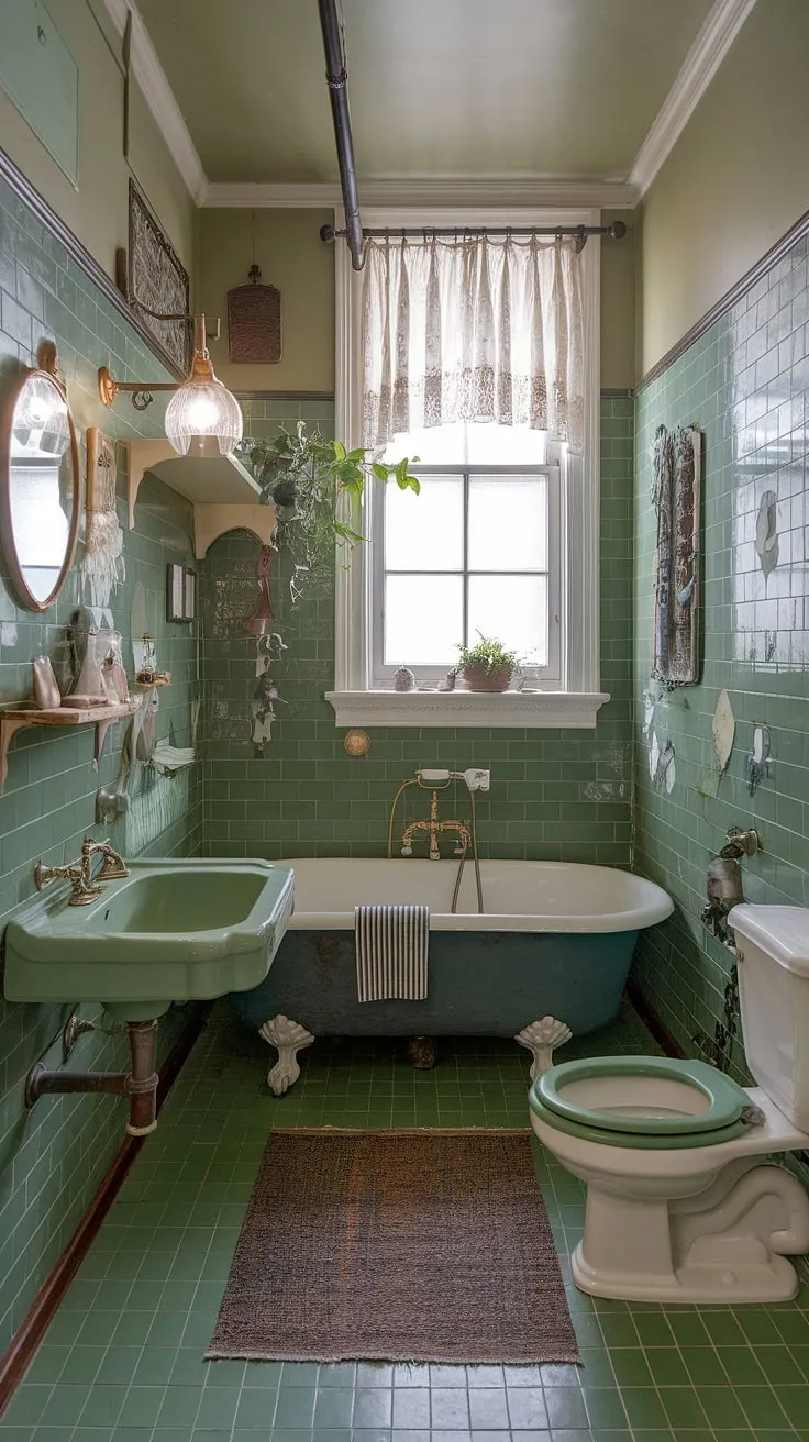 With its green tile accents, vintage fixtures, and eclectic decor, this bathroom design offers a unique blend of style and inspiration for beautiful bathrooms.