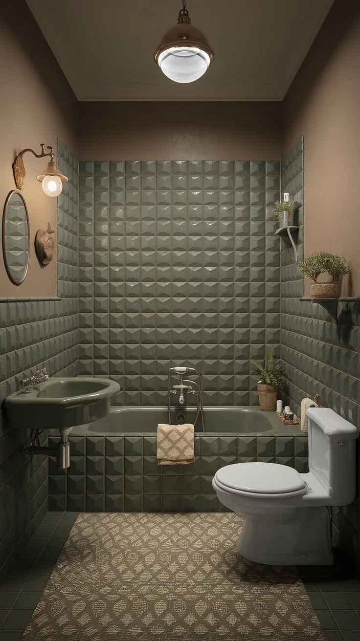 This eclectic bathroom features beautiful vintage design elements, including a green tile pattern, a vintage bathtub, and charming decor that inspires unique bathroom design.