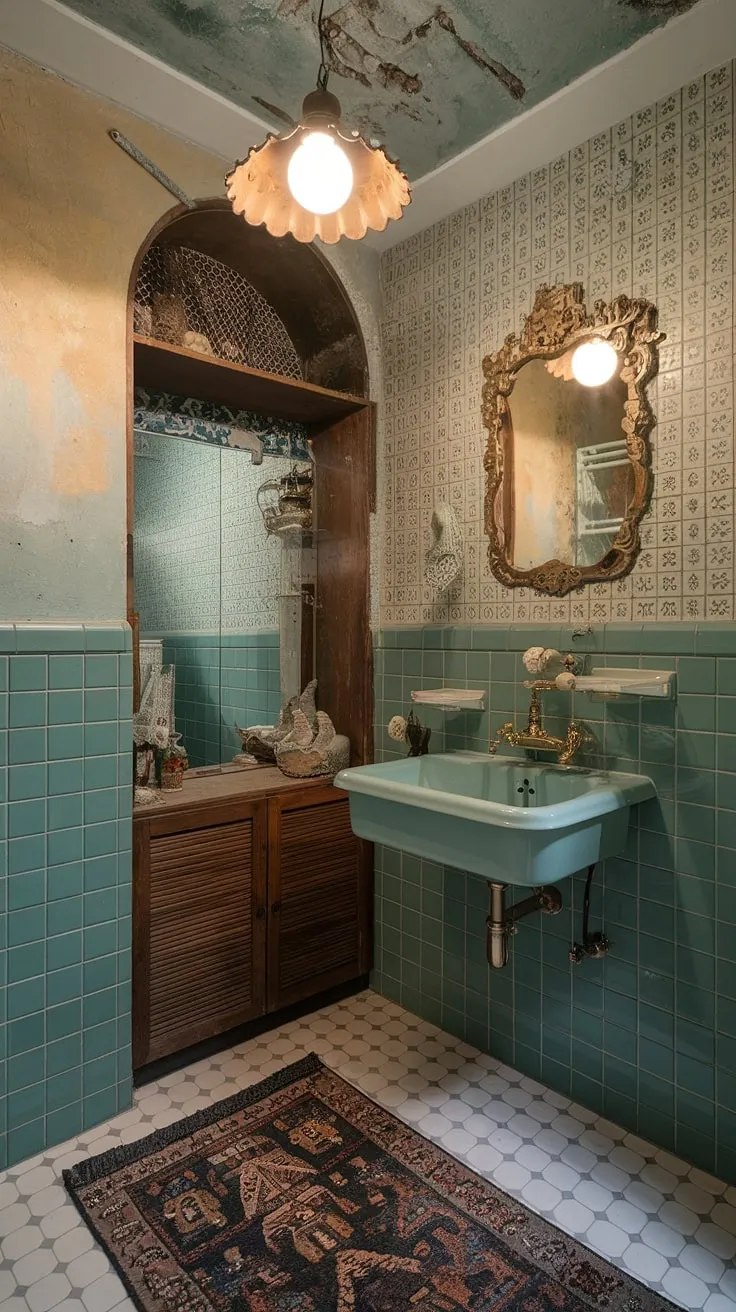 This eclectic bathroom design features beautiful vintage elements like a green tiled wall, a golden faucet sink, and a decorative mirror, creating inspiring bathroom decor.