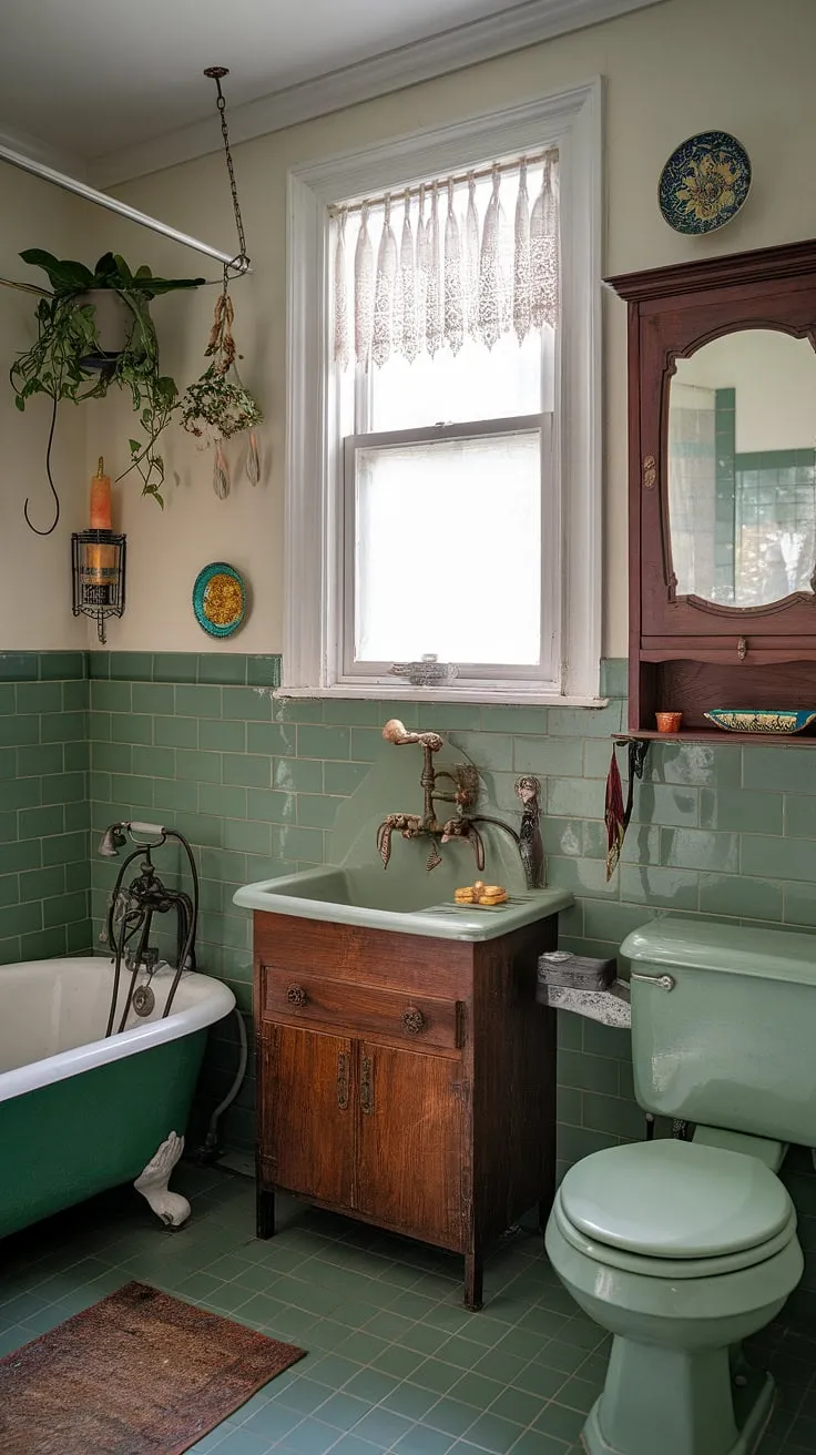 This eclectic vintage bathroom features stunning green tile design, a clawfoot tub, and unique decor elements, making it a perfect source of bathroom inspiration for beautiful bathrooms.
