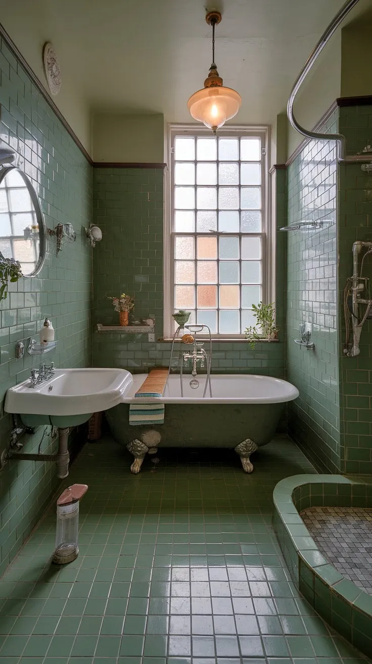 With its beautiful green tile walls, vintage fixtures, and a blend of styles, this bathroom exemplifies eclectic interior design and offers fresh bathroom decor ideas.