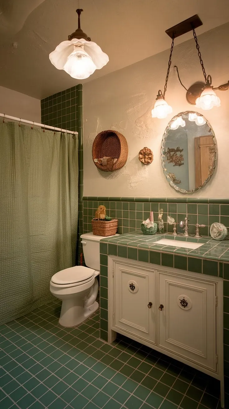 The eclectic bathroom combines vintage charm with modern touches, highlighted by a green tile floor and inviting decor, making it a perfect source of bathroom inspiration.