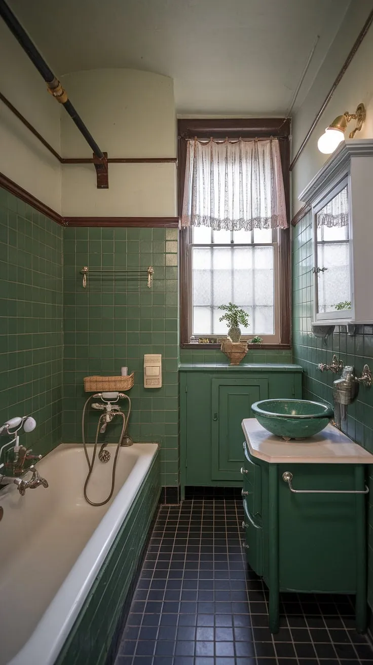With its vibrant green tiles, vintage fixtures, and unique decor, this eclectic bathroom serves as a perfect inspiration for anyone seeking beautiful bathroom designs.