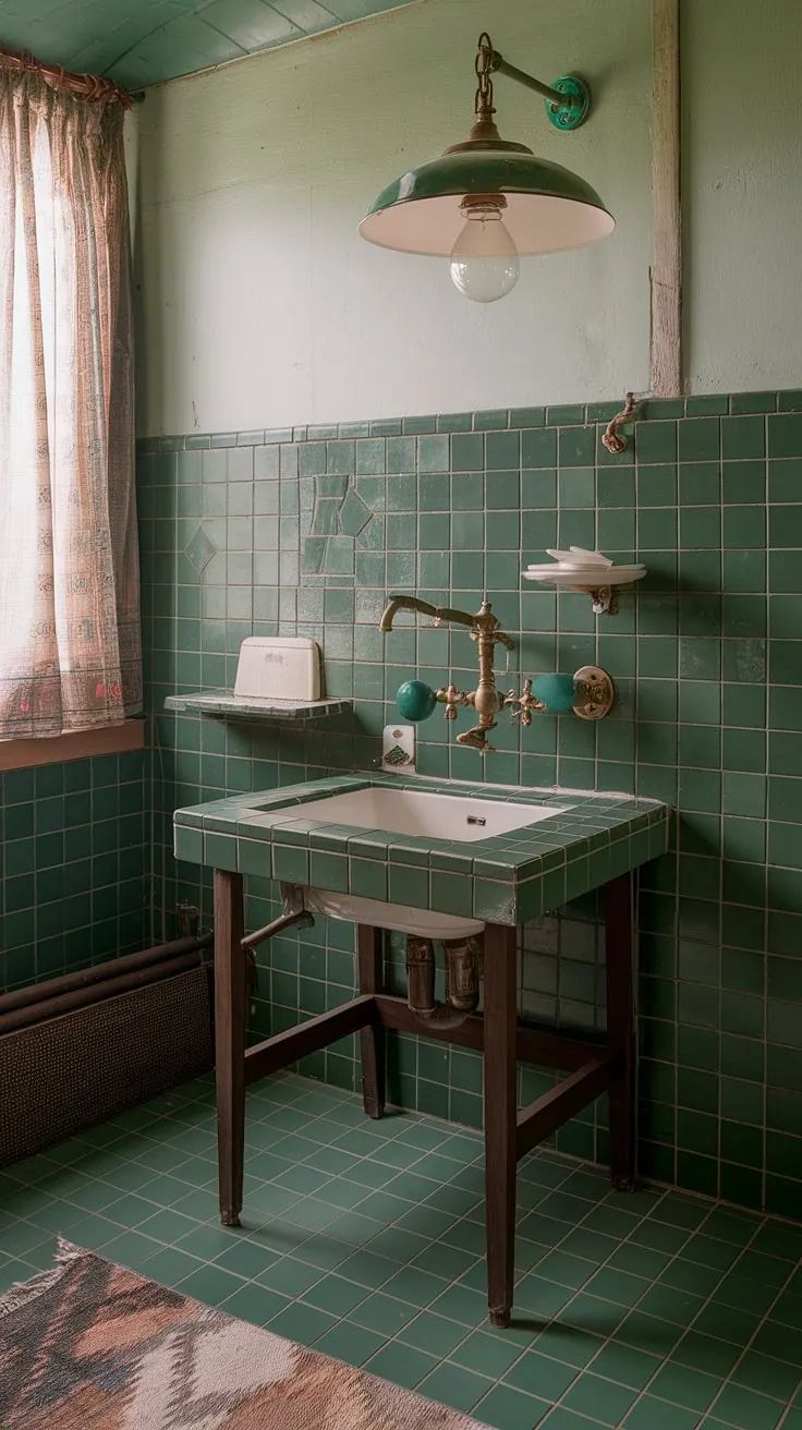 This eclectic vintage bathroom features stunning green tile design, combining beautiful bathroom decor with unique elements for inspiring bathroom design.