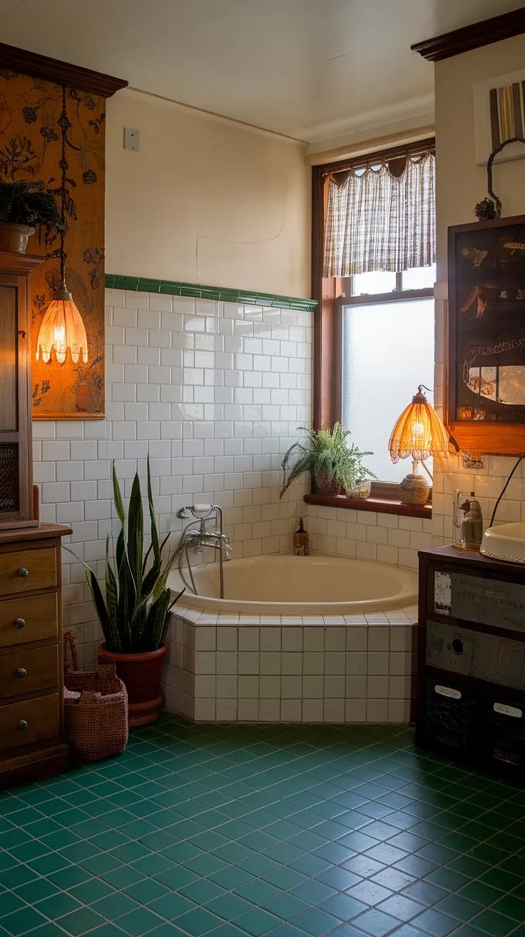 The inviting green bathroom design combines vintage charm with eclectic decor, highlighted by a green tile floor and a cozy atmosphere perfect for bathroom inspiration.
