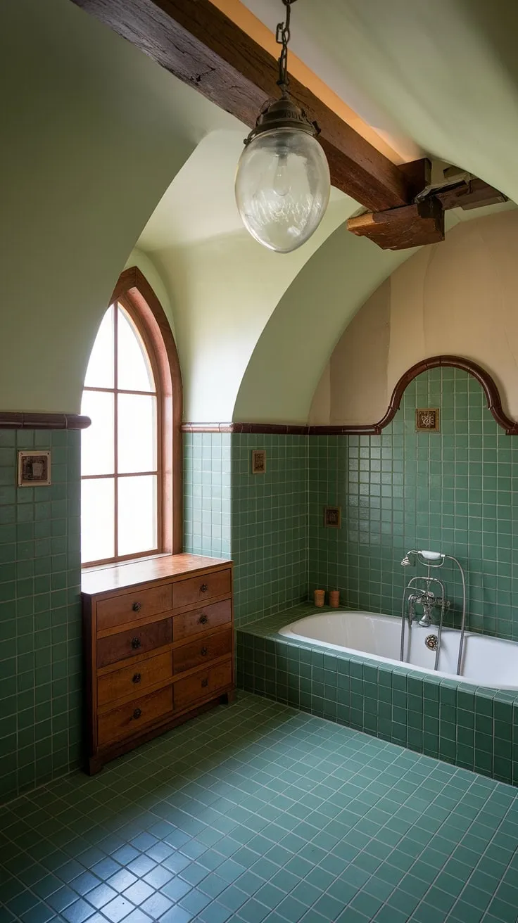 This eclectic bathroom showcases beautiful vintage elements with a striking green tile design, creating a unique and inspiring space for bathroom decor.