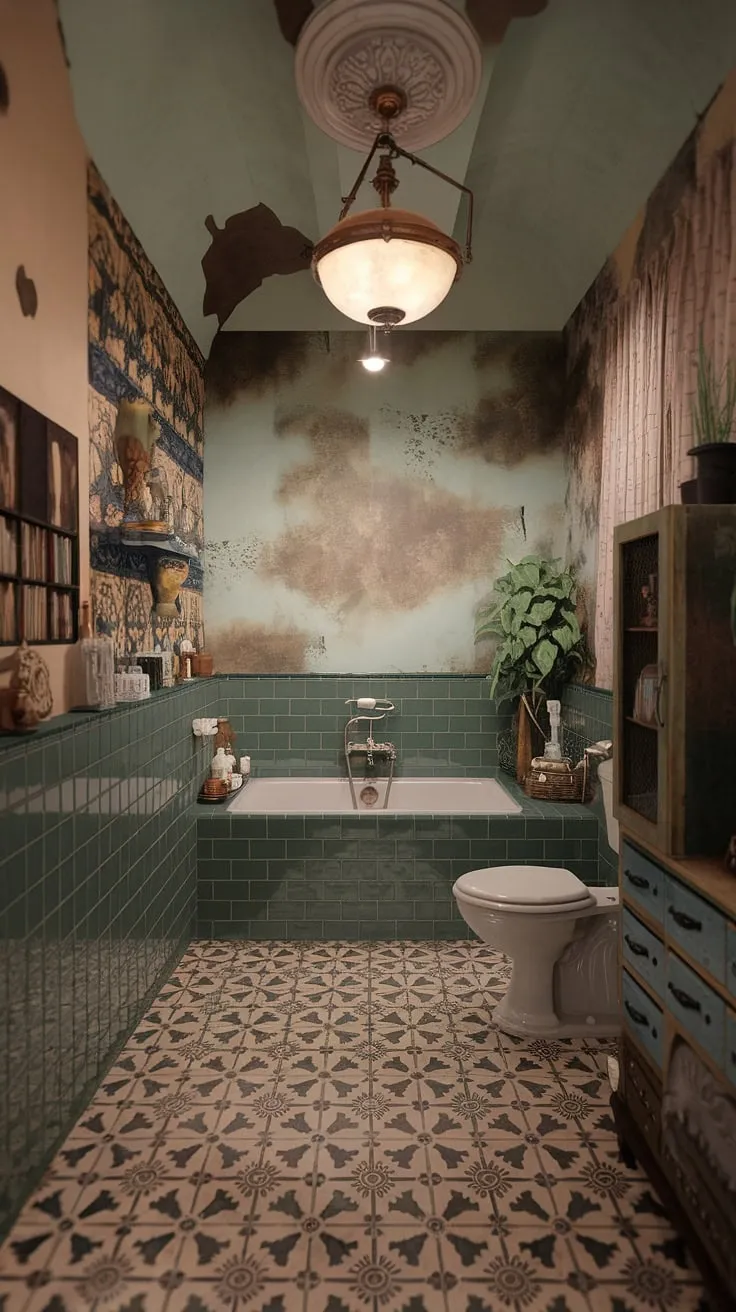 This eclectic bathroom features a vintage design with beautiful green tile, a patterned floor, and charming decor, creating a cozy and inviting space for bathroom inspiration.