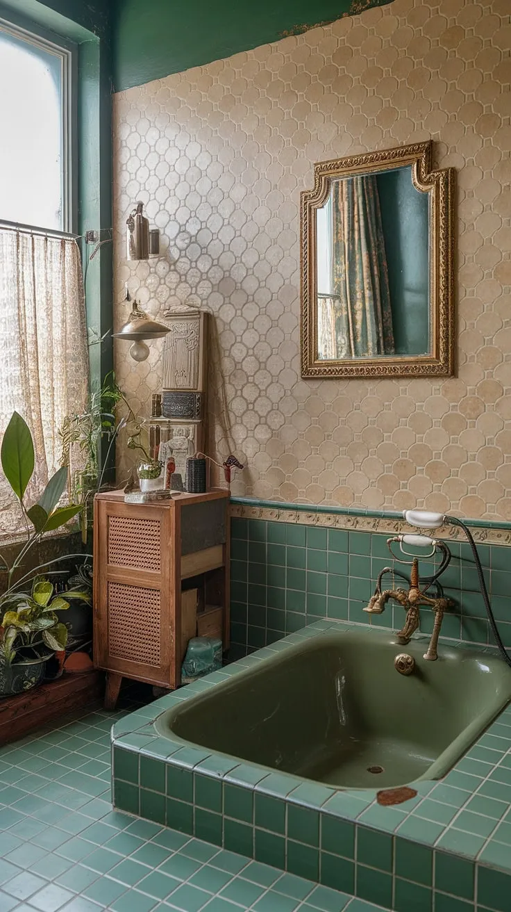 With its green tile walls and floor, vintage bathtub, and stylish decor, this eclectic bathroom serves as a perfect inspiration for beautiful bathroom design.