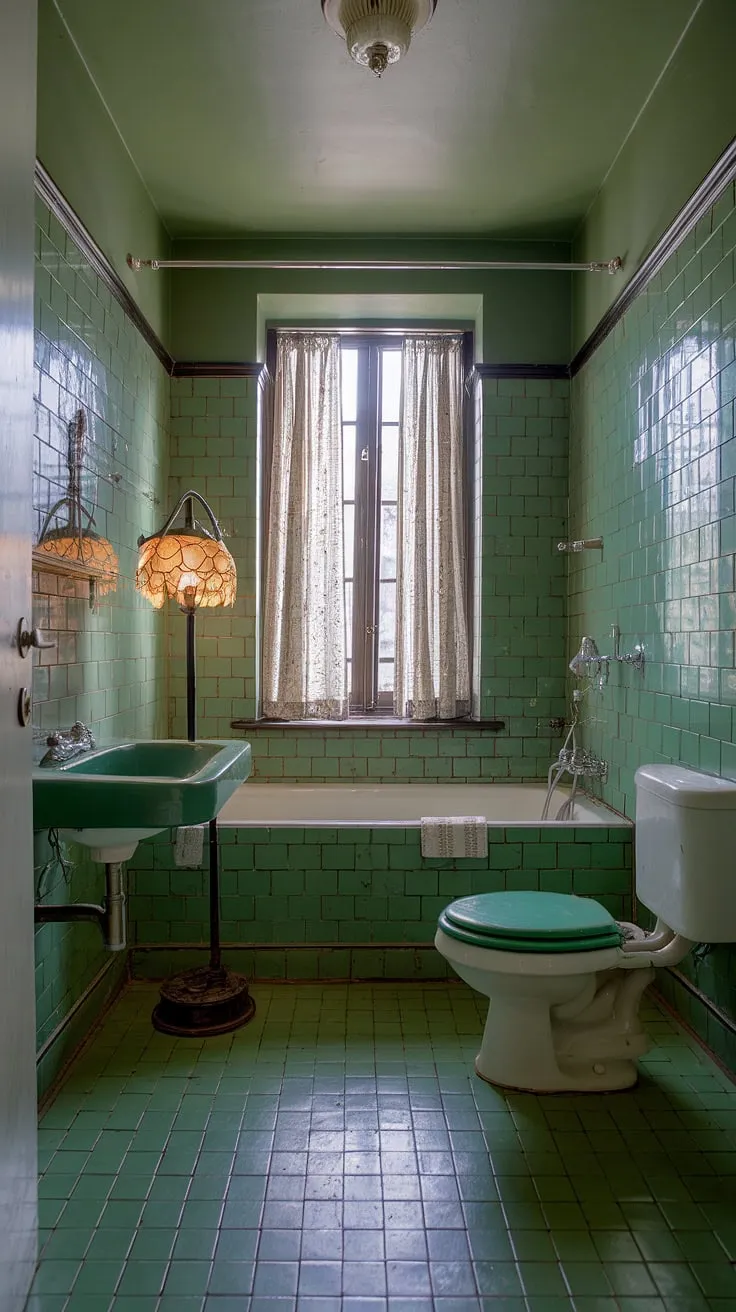 This beautiful eclectic bathroom features a vintage design with stunning green tile accents, offering inspiring bathroom decor ideas for a unique green bathroom design.