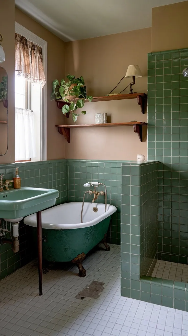 With its unique blend of green tiles, vintage fixtures, and eclectic interior design, this bathroom serves as a perfect inspiration for anyone seeking beautiful bathrooms.