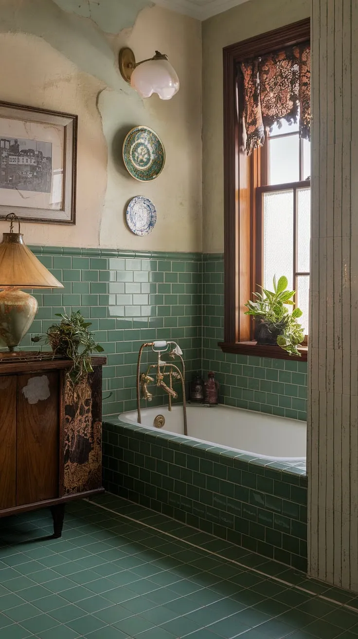 This eclectic bathroom showcases beautiful vintage design with green tile accents, a charming vintage bathtub, and unique decor elements that inspire stunning bathroom transformations.
