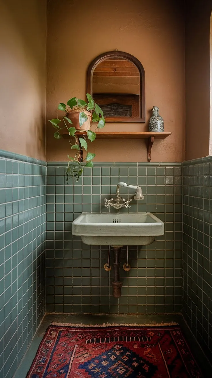 This beautiful bathroom showcases eclectic interior design with a vintage sink, a green tile accent wall, and charming decor elements that inspire unique bathroom design.