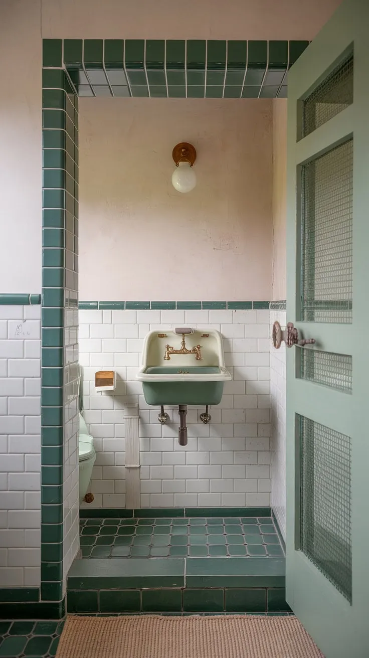 Featuring a unique blend of vintage elements and vibrant green tiles, this eclectic bathroom design is a stunning example of beautiful bathrooms that inspire creative bathroom decor.