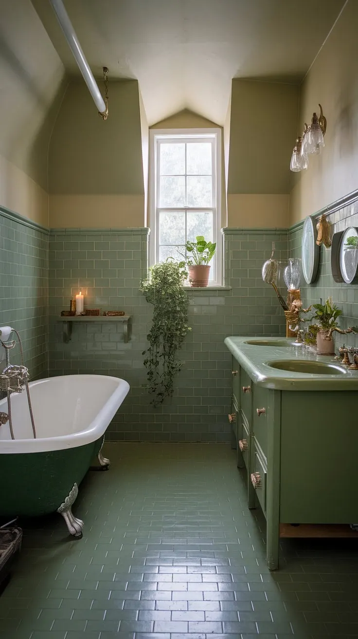 With its charming green tile, clawfoot tub, and stylish brass accents, this vintage eclectic bathroom serves as a perfect inspiration for beautiful bathrooms and eclectic interior design.