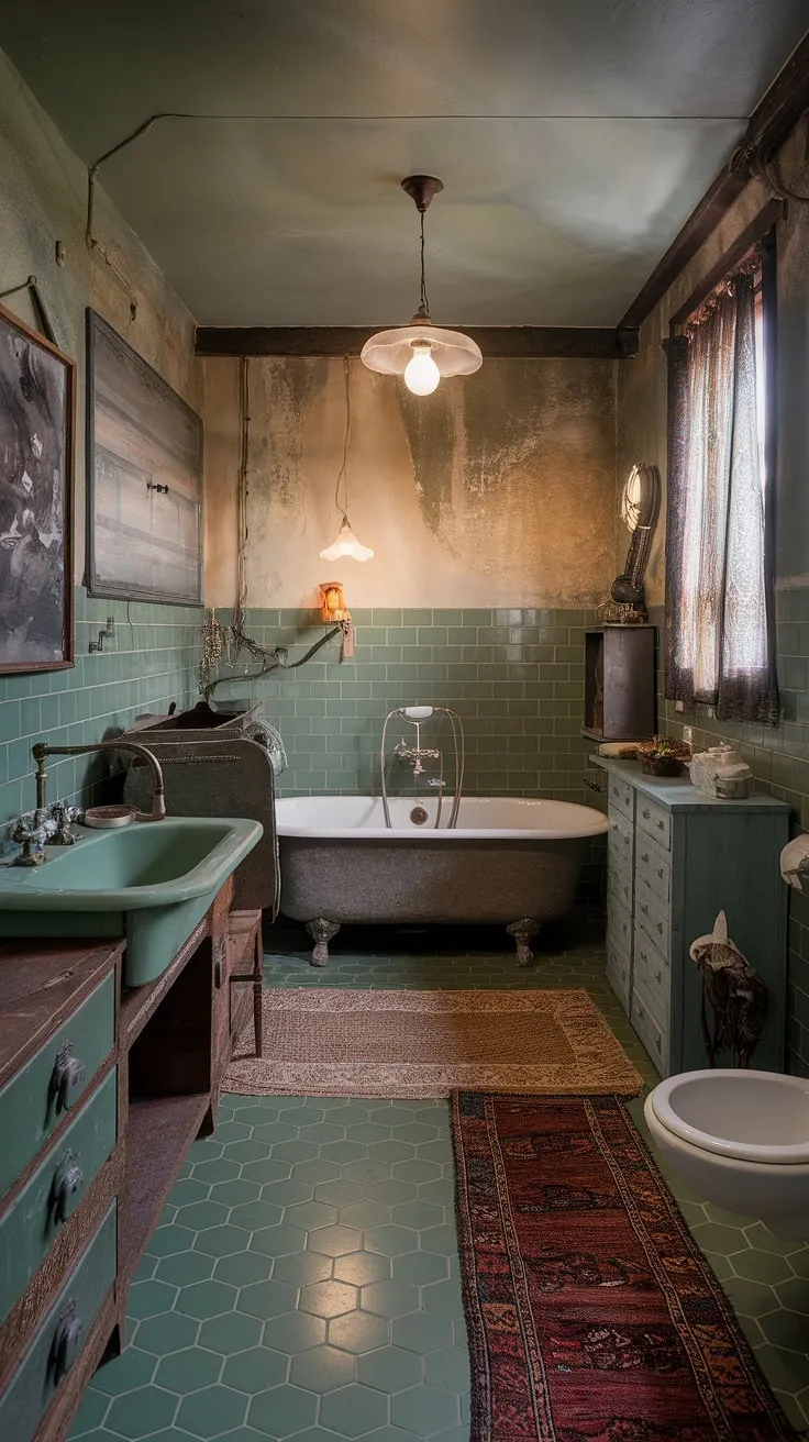 Featuring a stunning green tile design and vintage elements, this eclectic bathroom beautifully blends rustic charm with modern touches for a unique bathroom decor experience.
