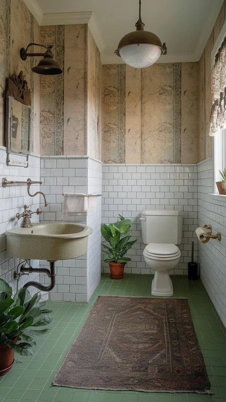 With its green tile accents, vintage sink, and eclectic interior design elements, this bathroom serves as a perfect inspiration for unique bathroom decor.