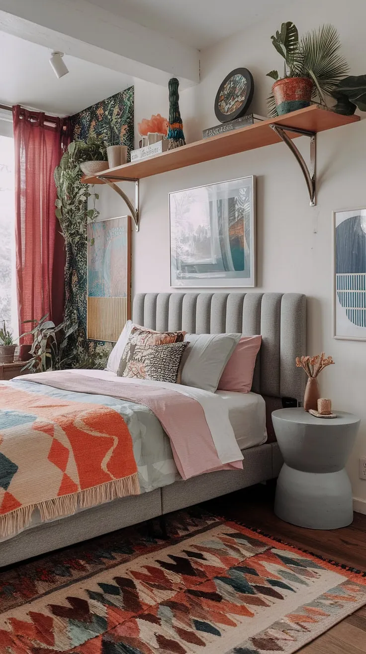 The vibrant and inviting small eclectic bedroom combines a gray headboard, stylish decor, and plants to create perfect couple's eclectic bedroom ideas.