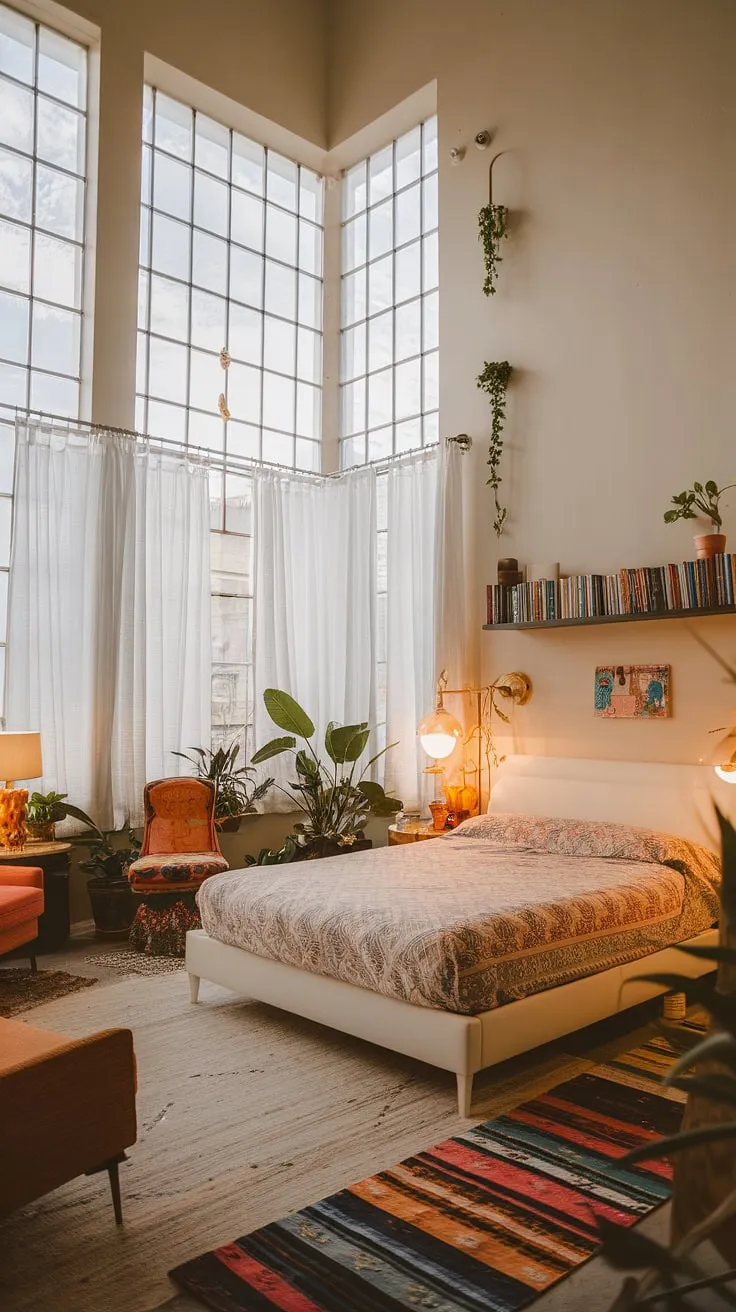 This cozy modern eclectic bedroom features a high ceiling, large windows, and colorful furniture, making it a perfect blend of funky and inviting for couples or anyone seeking small eclectic bedroom ideas.