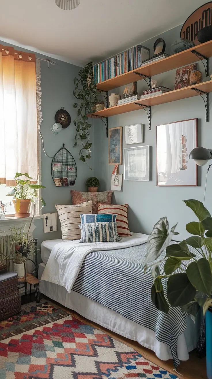 Featuring a blend of vibrant decor and a soft blue palette, this small eclectic bedroom is an inspiring example of how to create a cozy and stylish retreat.