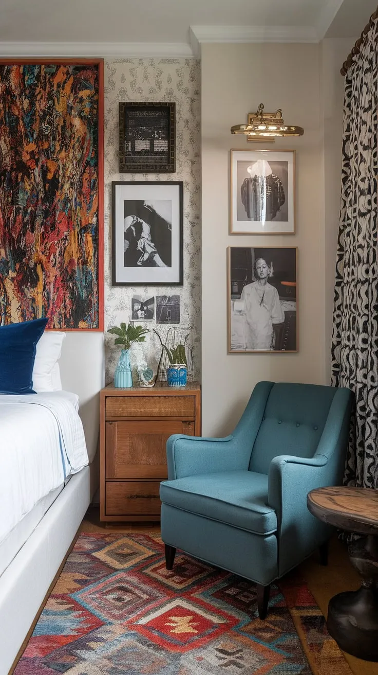 With its blend of a white bed, blue accents, and colorful art, this cozy eclectic bedroom showcases unique design elements ideal for couples and those looking for non-girly eclectic bedroom ideas.