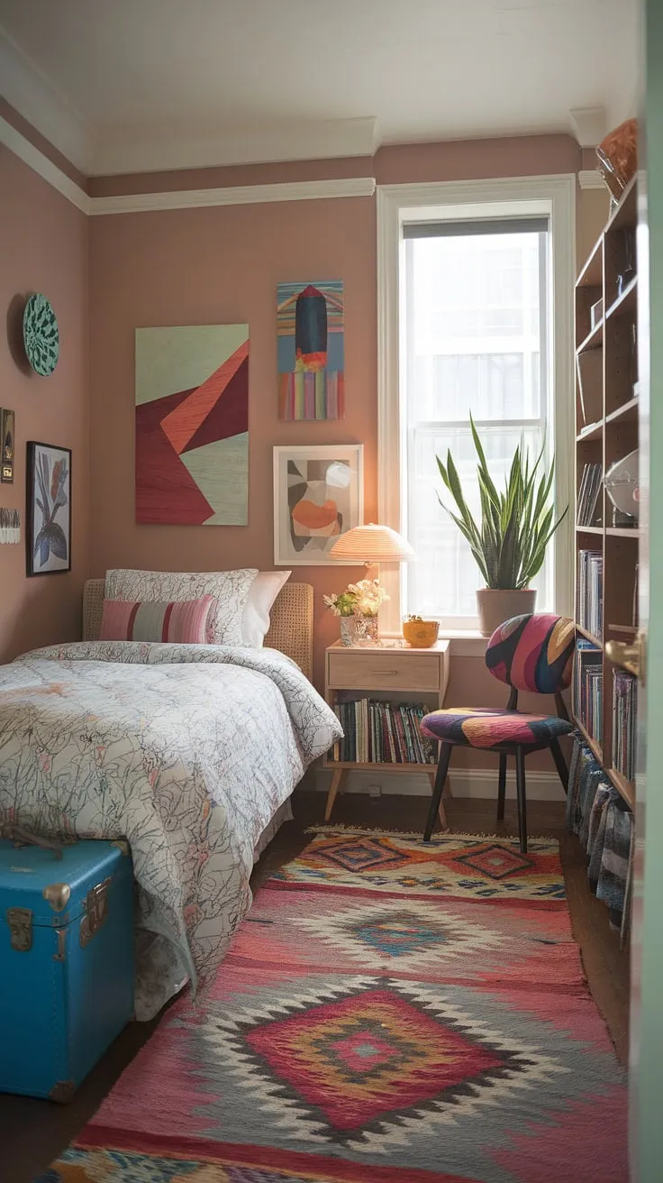 With its funky decor, soft wall hues, and natural light, this small eclectic bedroom showcases vibrant elements and unique touches for a stylish retreat.