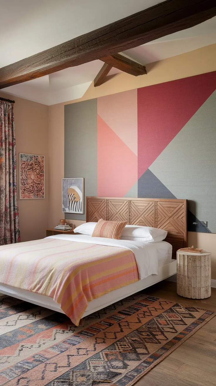 This cozy modern eclectic bedroom features a non-girly aesthetic with colorful geometric patterns, a stylish wooden beam ceiling, and unique decor that inspires small eclectic bedroom ideas for couples.
