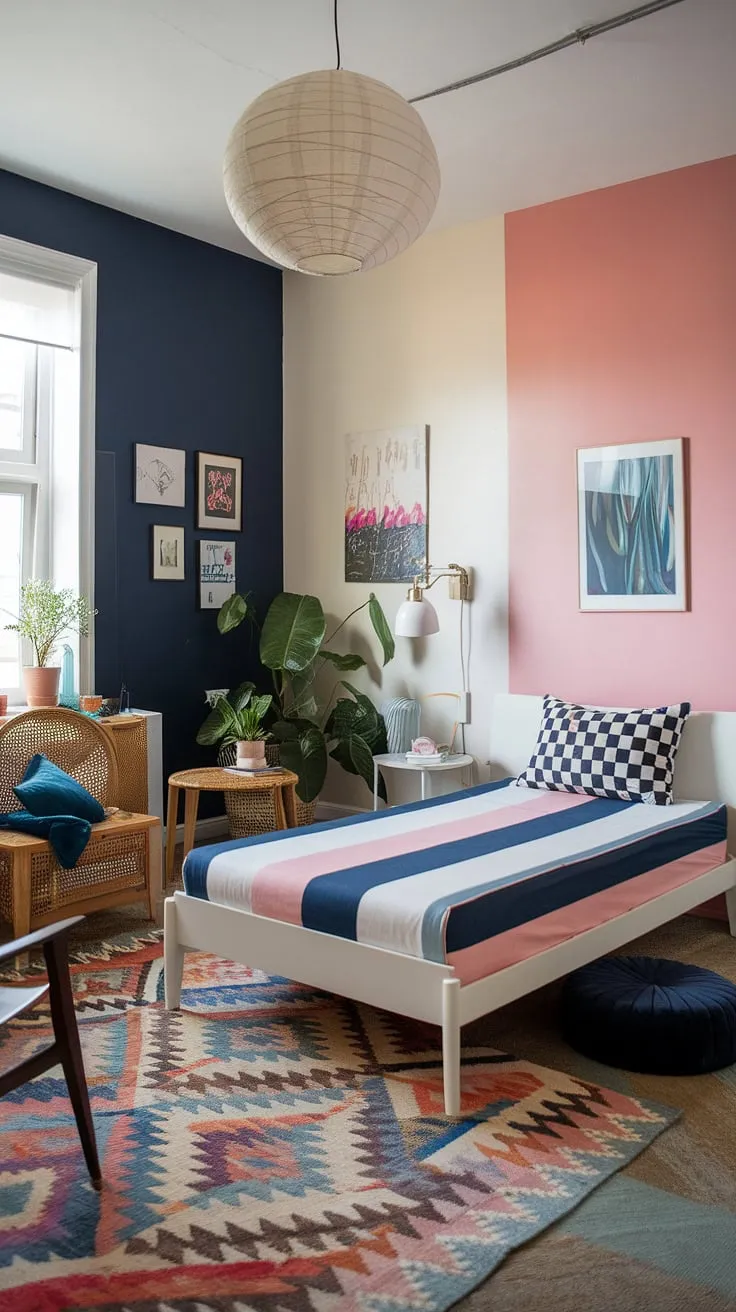 This cozy modern eclectic bedroom features a funky non-girly design with colorful walls and unique decor, perfect for couples seeking small eclectic bedroom ideas.