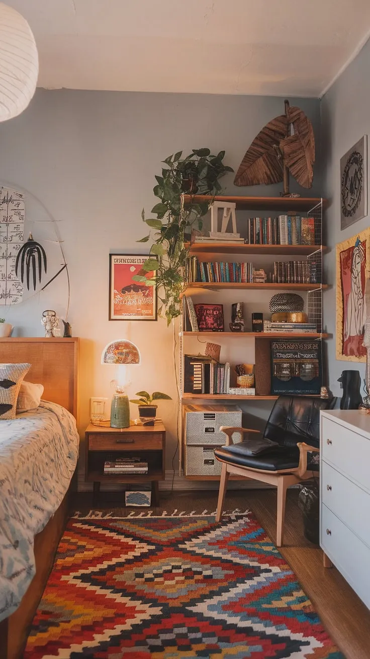 With its light gray walls, patterned rug, and warm lighting, this colorful eclectic bedroom showcases unique elements for a non-girly yet inviting space.