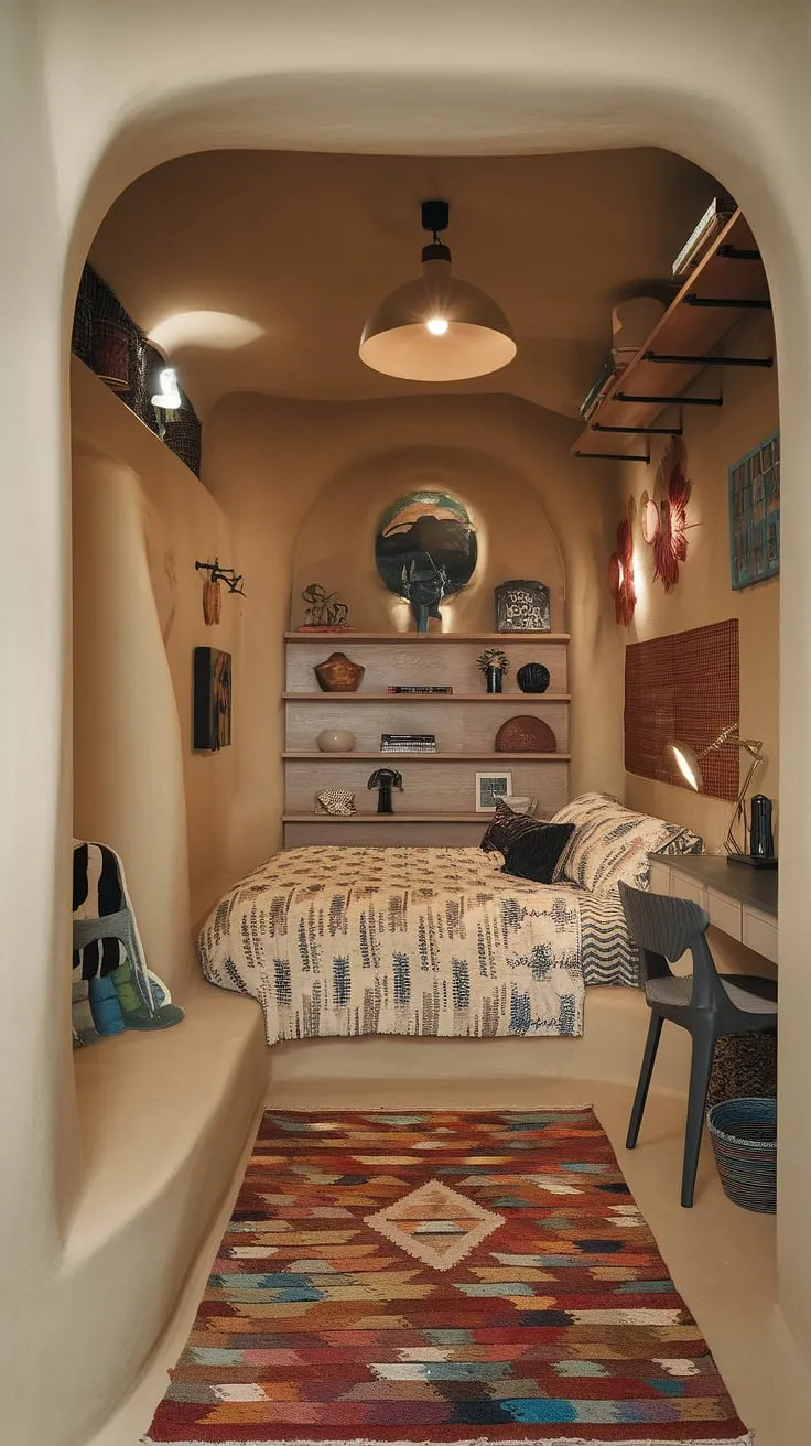This cozy modern eclectic bedroom showcases a funky design with a colorful area rug and unique decor, making it perfect for couples seeking small eclectic bedroom ideas that are non-girly.
