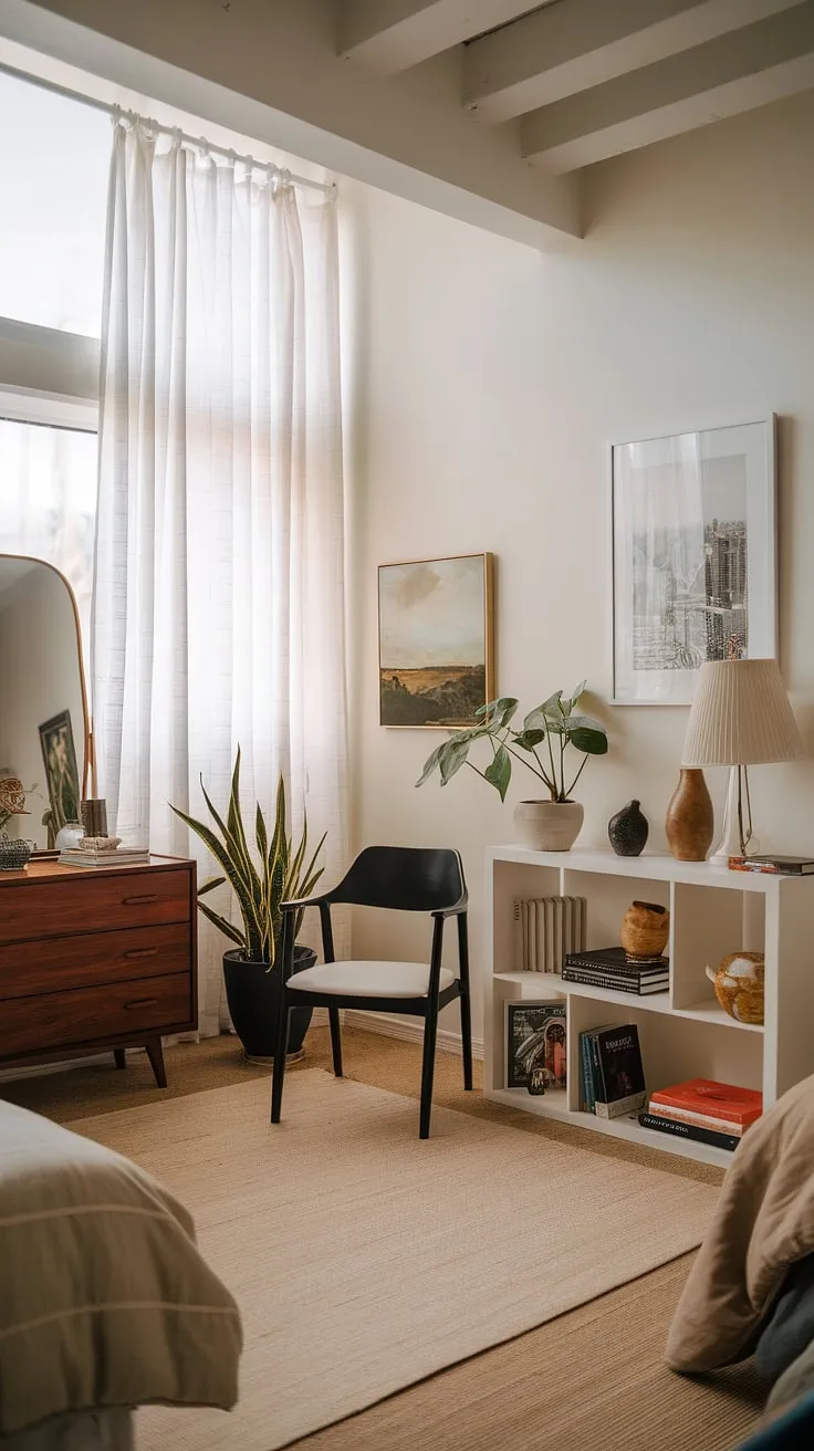 This cozy modern eclectic bedroom features a high ceiling, large window, and a harmonious blend of colors and textures, making it perfect for couples seeking funky and colorful small eclectic bedroom ideas.