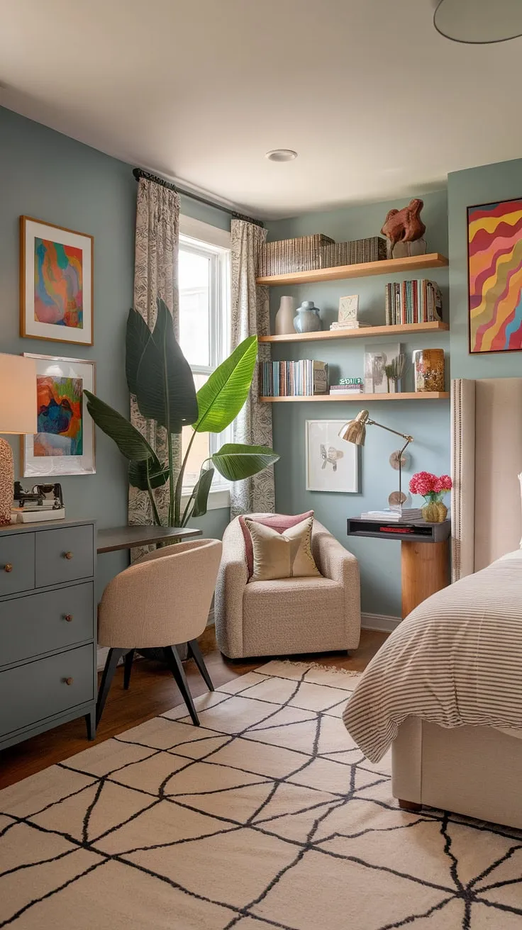 This cozy modern funky eclectic bedroom features a soft blue hue, colorful artwork, and a reading nook, making it perfect for couples seeking small eclectic bedroom ideas.