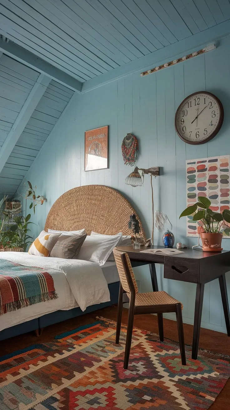 With its vibrant decor, low wooden ceiling, and personal touches, this cozy funky eclectic bedroom showcases a harmonious blend of modern and colorful elements ideal for couples and small spaces.