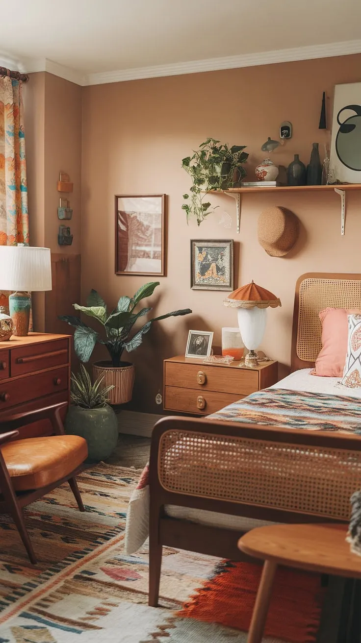 With its funky decor and soft beige walls, this modern eclectic bedroom showcases unique elements that make it a stylish non-girly retreat.