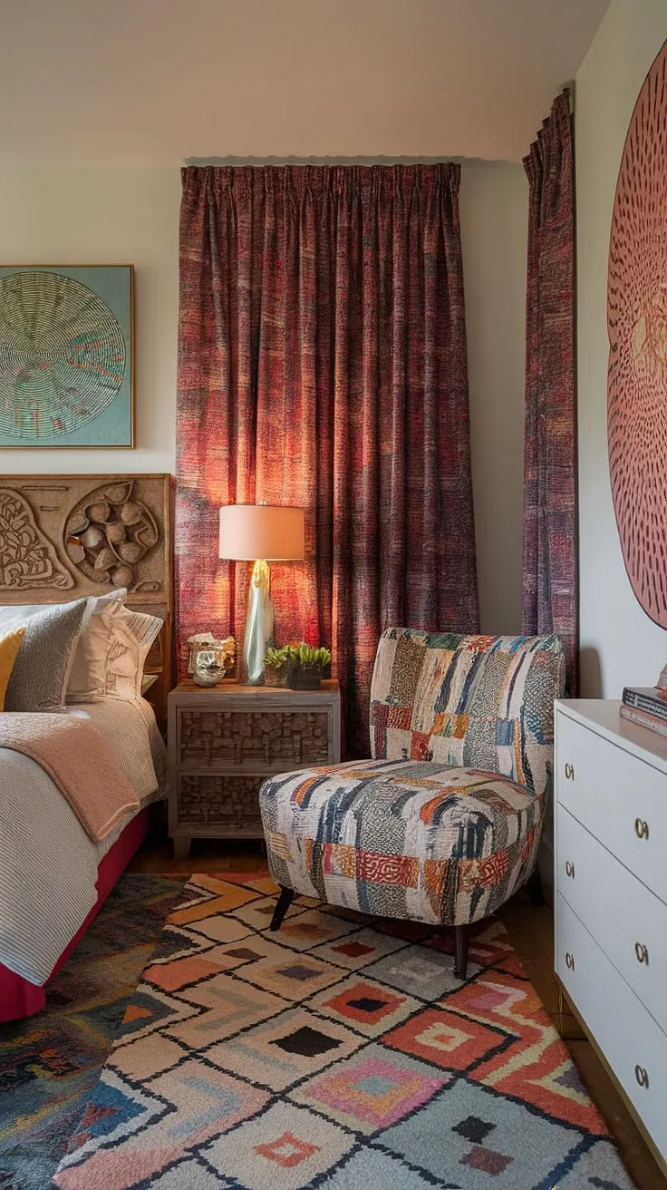 With its funky design elements and inviting atmosphere, this colorful eclectic bedroom is perfect for those seeking non-girly eclectic bedroom ideas that blend comfort and style.