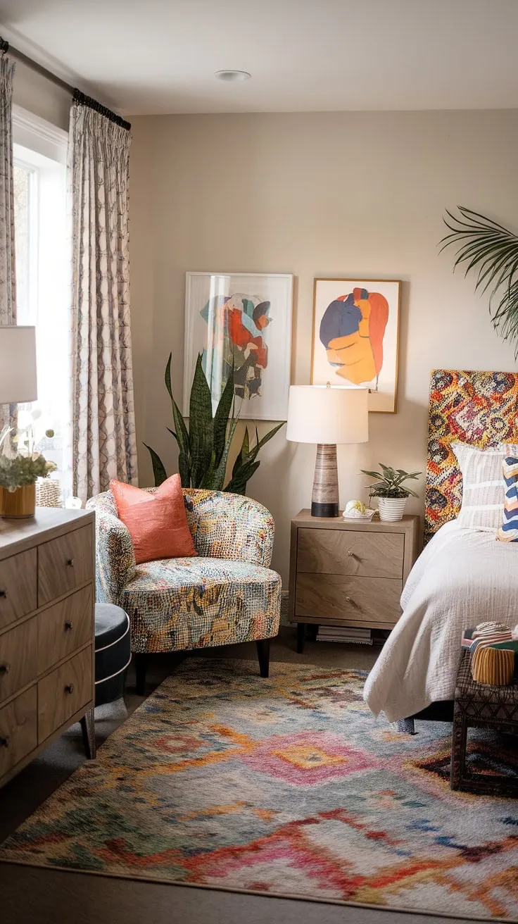 This cozy modern eclectic bedroom features a colorful design with a patterned headboard, small area rug, and stylish decor, perfect for couples seeking unique and non-girly small bedroom ideas.