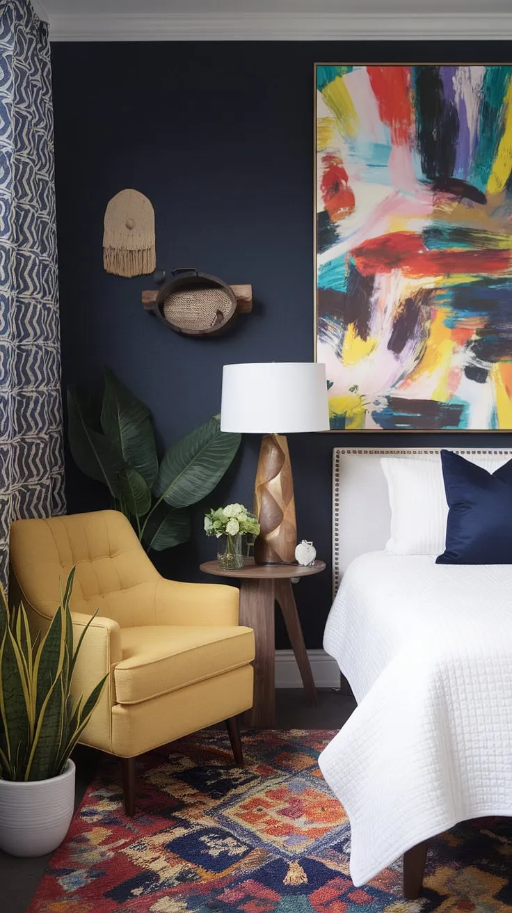 This cozy modern funky eclectic bedroom features a navy blue wall adorned with a colorful abstract painting, a white bed with navy accents, and vibrant decor elements like a yellow armchair and a patterned rug.
