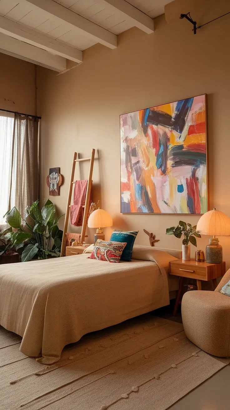 With its warm lighting, vibrant artwork, and stylish furnishings, this colorful eclectic bedroom design offers a unique blend of comfort and creativity for a non-girly space.
