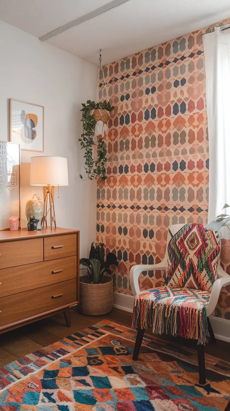 This cozy, modern, and funky eclectic bedroom showcases colorful design elements like a mid-century modern dresser and a patterned wall, perfect for small spaces and couples seeking non-girly eclectic bedroom ideas.