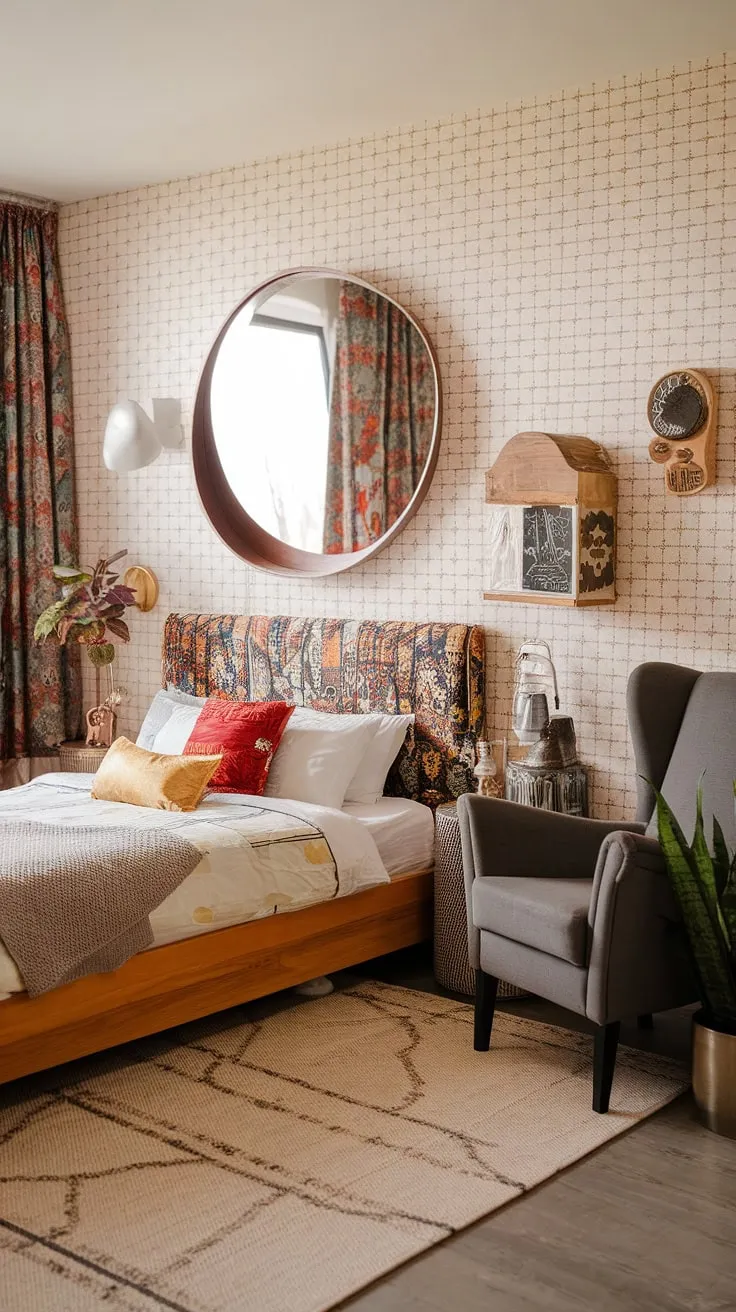 With its vibrant decor and inviting atmosphere, this colorful eclectic bedroom showcases a blend of modern and funky elements, ideal for couples looking for unique and cozy eclectic bedroom design inspiration.