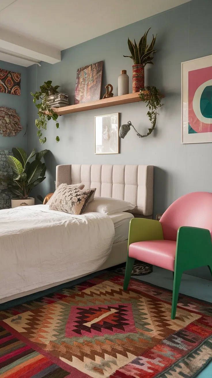 This cozy modern eclectic bedroom features a colorful non-girly design with a light blue hue, funky decor, and small space ideas perfect for couples.