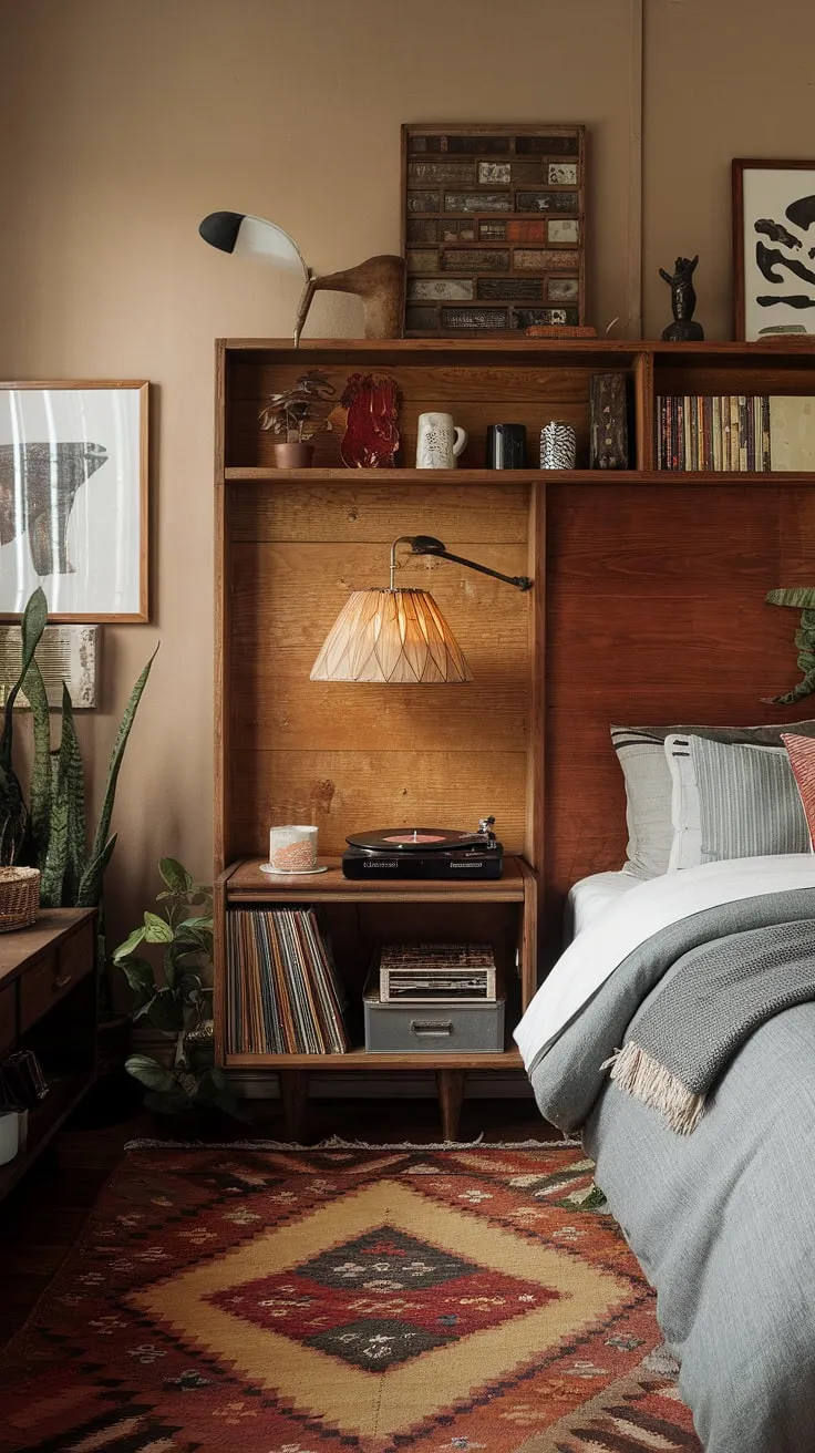 With its large wooden headboard, geometric lamp, and vintage rug, this colorful eclectic bedroom showcases non-girly eclectic bedroom ideas perfect for a cozy and stylish retreat.
