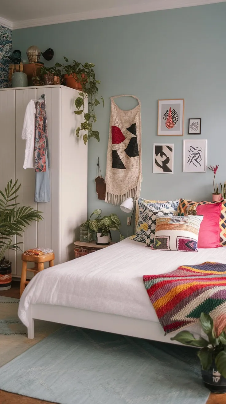 This cozy modern eclectic bedroom features a funky non-girly vibe with a white bed, colorful pillows, and soft blue accents, perfect for couples seeking small eclectic bedroom ideas.