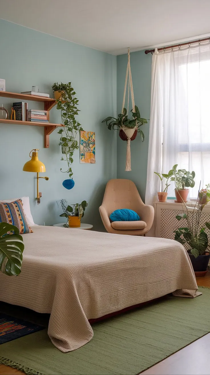 With its blend of colorful accents and cozy furnishings, this modern eclectic bedroom showcases unique couple's eclectic bedroom ideas that are both inviting and stylish.