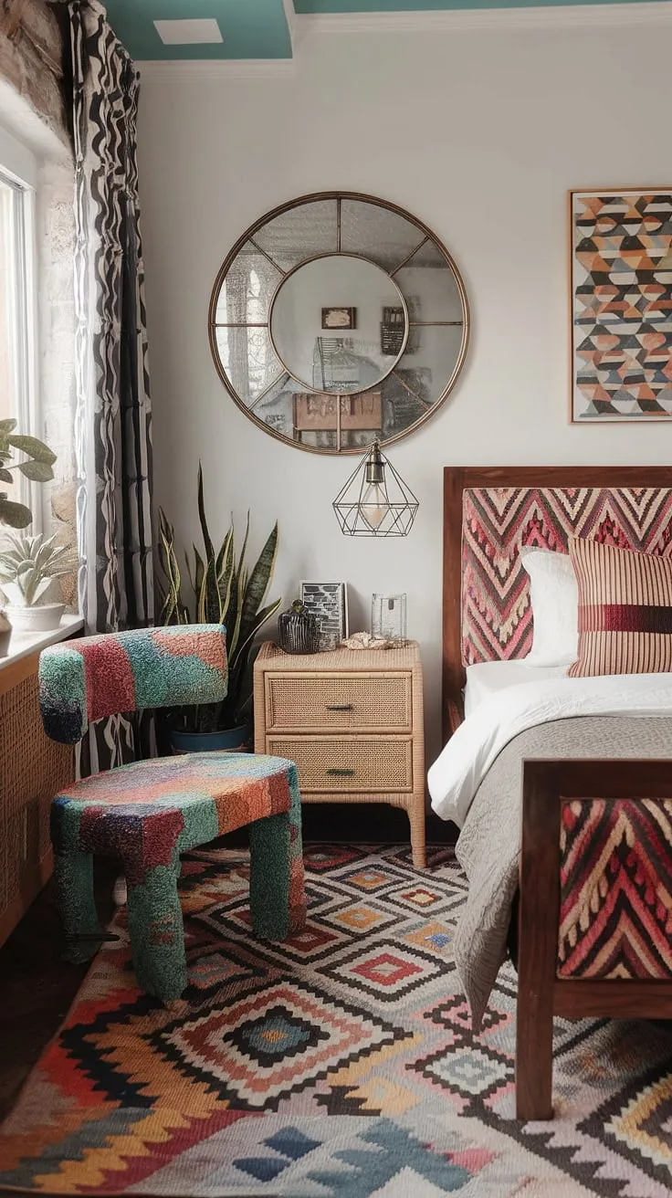 This cozy modern eclectic bedroom showcases a vibrant mix of furniture and accessories, featuring a queen-size bed, vintage wicker nightstand, and funky decor that perfectly balances style and comfort in a small space.